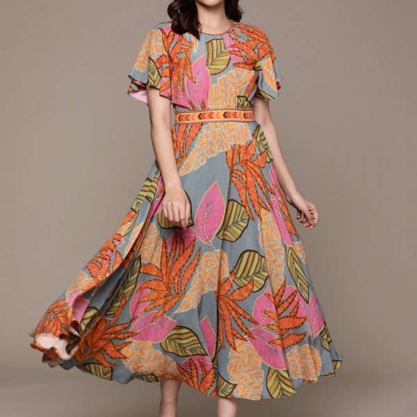 Natural Floral Print Flared Sleeve Fit & Flare Midi Dress